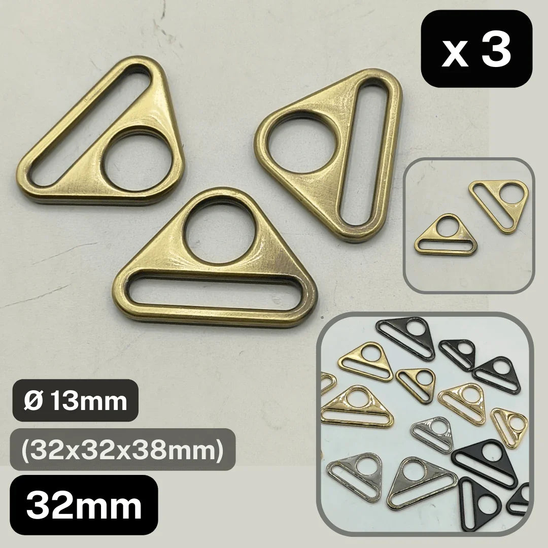Set of 3 Triangle Buckles with Hole #BMEx060 available in 32mm, 38mm or 50mm in Silver, Pink Gold, Gold, Oldbrass, Gunmetal or Black - ACCESSOIRES LEDUC BV