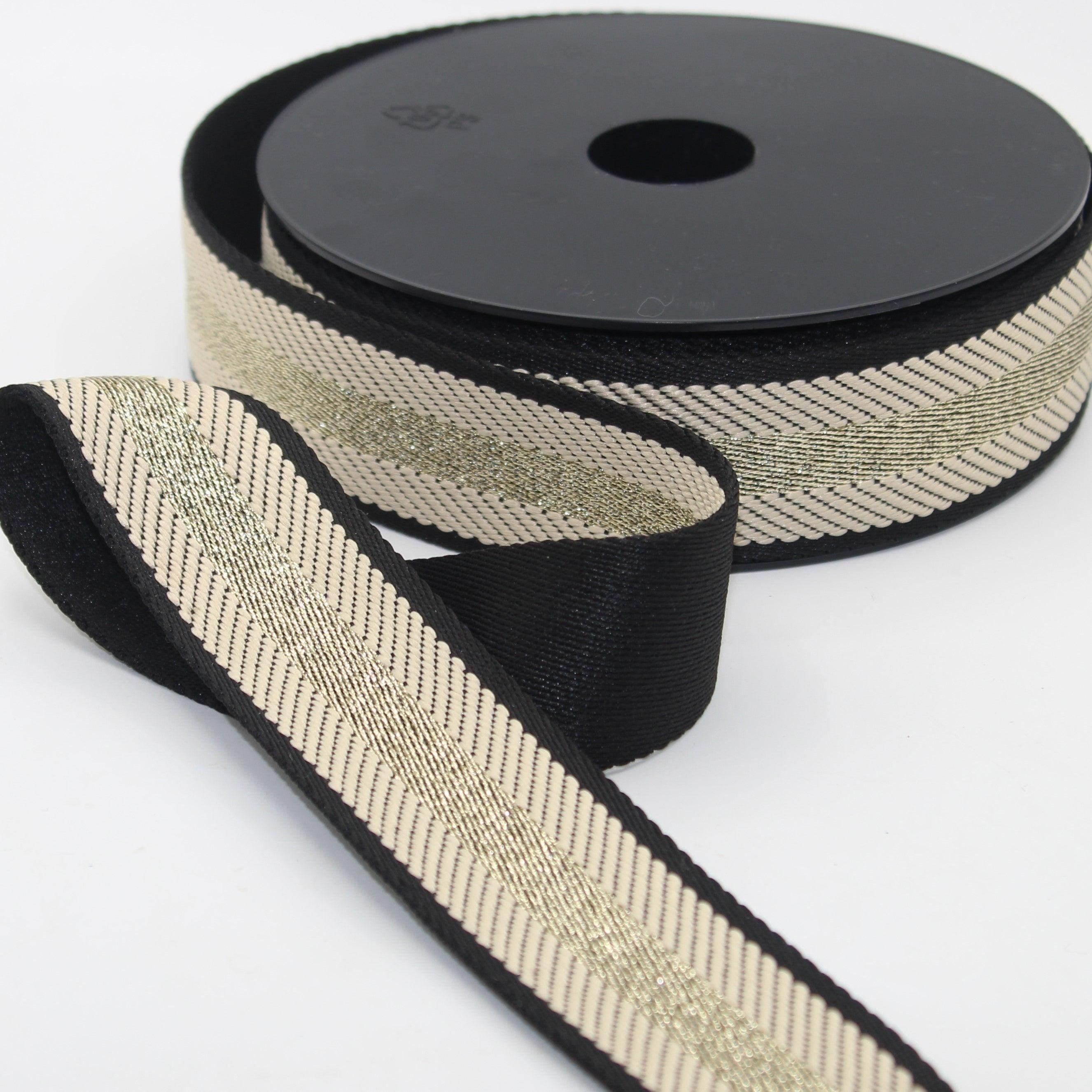 10 meters Herringbone Webbing With Large Light Gold Stripe size 40mm #RUB3556 - ACCESSOIRES LEDUC BV