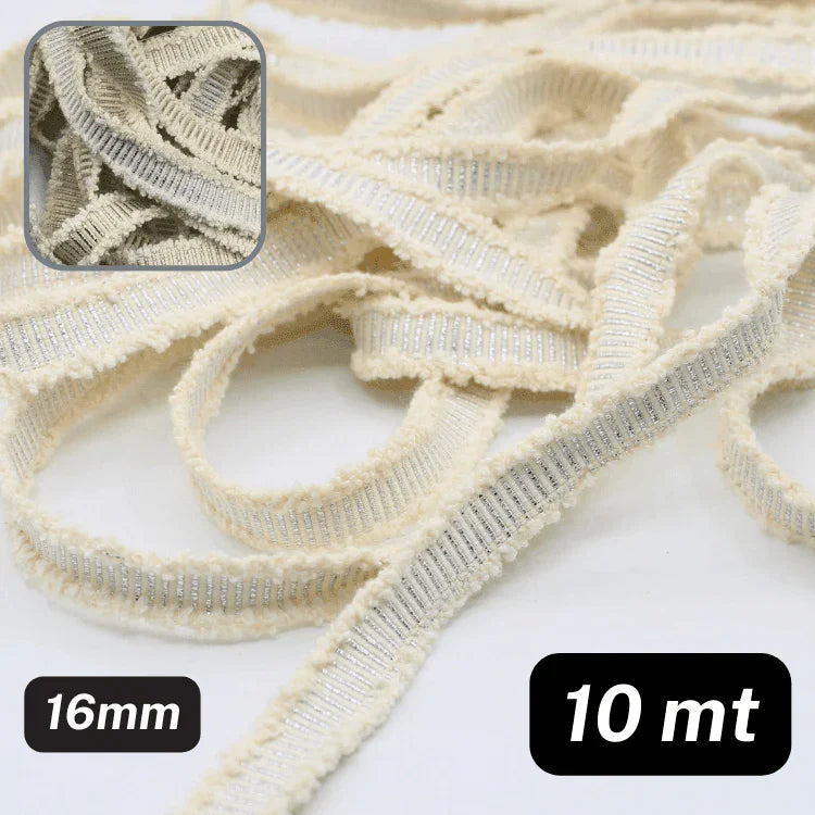 10 meters Cotton Tape 16mm with Vertical Lurex Stripes and Fringed Edges - ACCESSOIRES LEDUC BV
