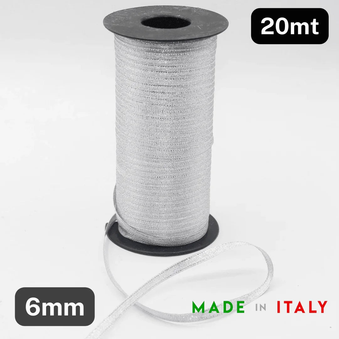 Silver Lurex Satin Tape available in 6mm or 10mm Made in Italy - ACCESSOIRES LEDUC BV