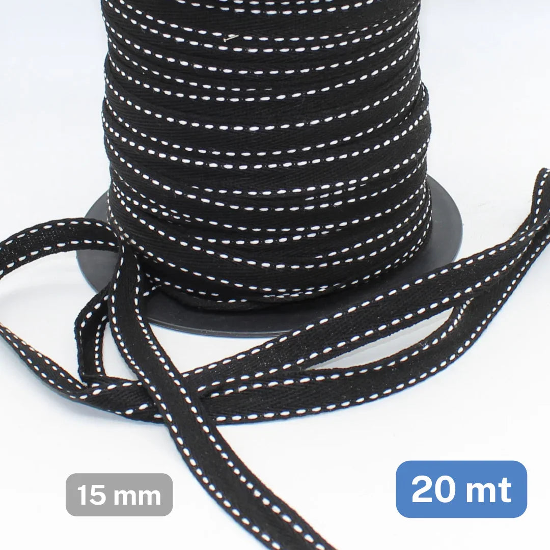 20 meters Black Herringbone 15mm Cotton Tape with White Saddle Stitch - ACCESSOIRES LEDUC BV