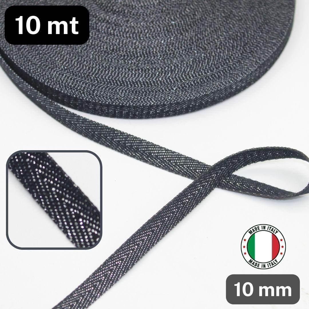 10 meters 10mm Black Silver Cotton Lurex Herringbone Tape - Made In Italy - ACCESSOIRES LEDUC BV