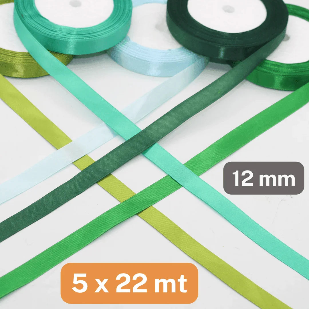 Set of 5x22 meters Single Sided Satin Tapes 6, 12, or 25mm, 5 different colours per set - ACCESSOIRES LEDUC BV