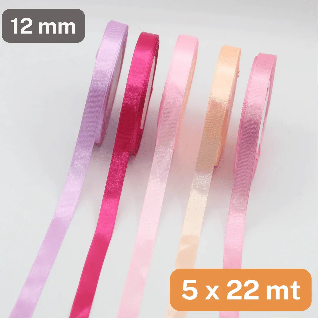 Set of 5x22 meters Single Sided Satin Tapes 6, 12, or 25mm, 5 different colours per set - ACCESSOIRES LEDUC BV
