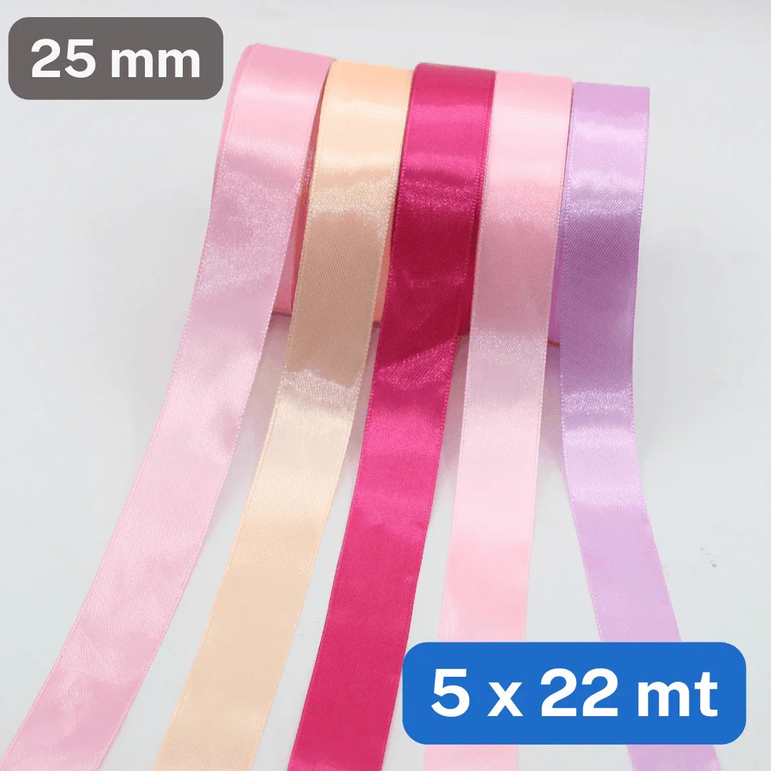 Set of 5x22 meters Single Sided Satin Tapes 6, 12, or 25mm, 5 different colours per set - ACCESSOIRES LEDUC BV