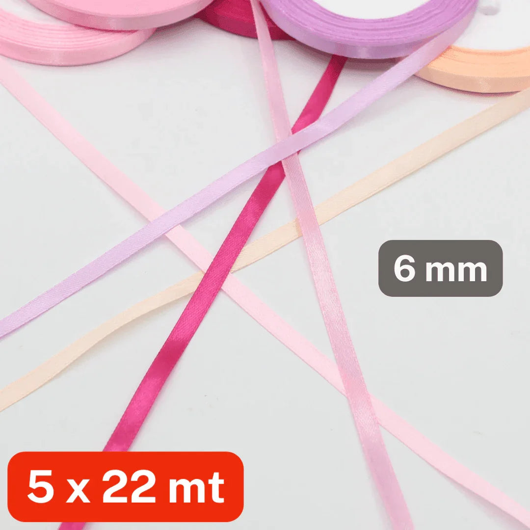 Set of 5x22 meters Single Sided Satin Tapes 6, 12, or 25mm, 5 different colours per set - ACCESSOIRES LEDUC BV