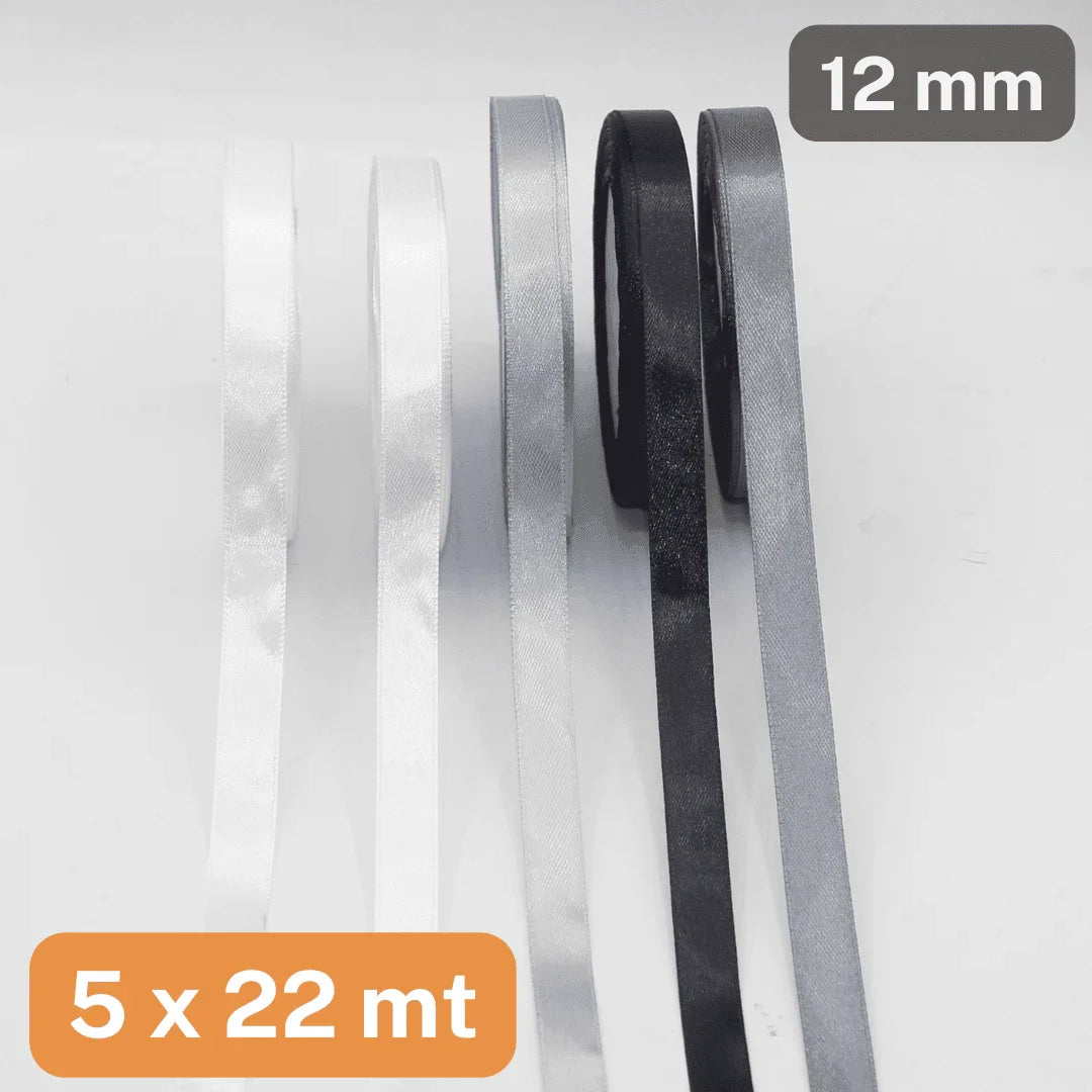 Set of 5x22 meters Single Sided Satin Tapes 6, 12, or 25mm, 5 different colours per set - ACCESSOIRES LEDUC BV
