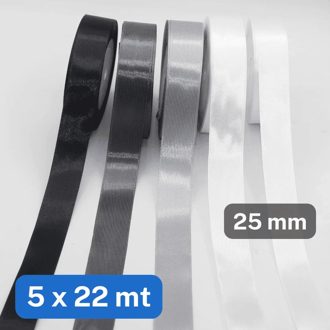Set of 5x22 meters Single Sided Satin Tapes 6, 12, or 25mm, 5 different colours per set - ACCESSOIRES LEDUC BV
