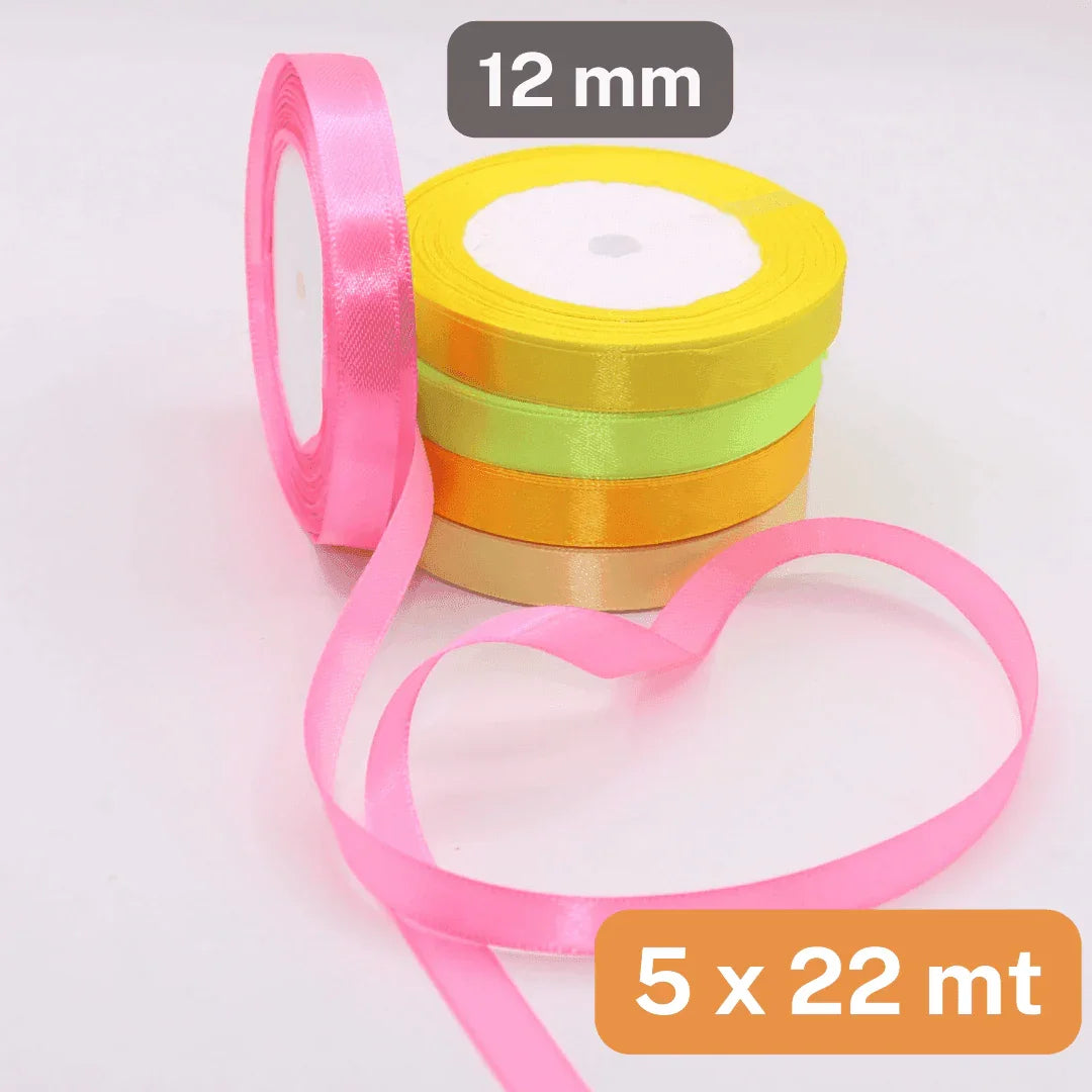 Set of 5x22 meters Single Sided Satin Tapes 6, 12, or 25mm, 5 different colours per set - ACCESSOIRES LEDUC BV