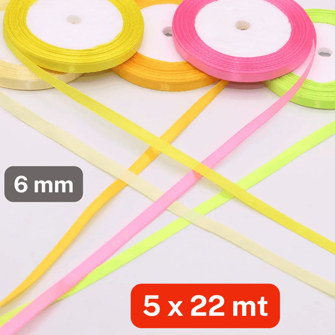 Set of 5x22 meters Single Sided Satin Tapes 6, 12, or 25mm, 5 different colours per set - ACCESSOIRES LEDUC BV