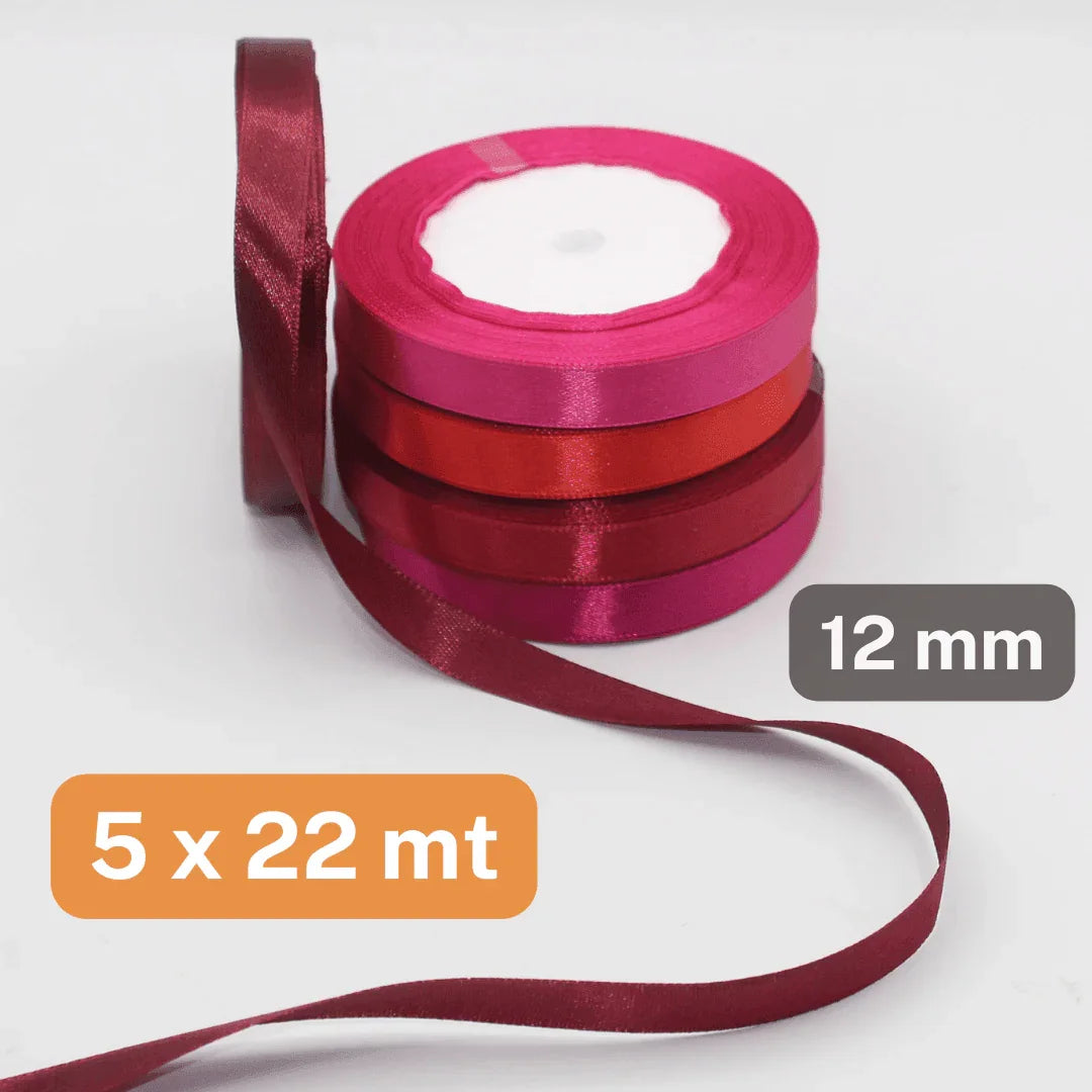 Set of 5x22 meters Single Sided Satin Tapes 6, 12, or 25mm, 5 different colours per set - ACCESSOIRES LEDUC BV