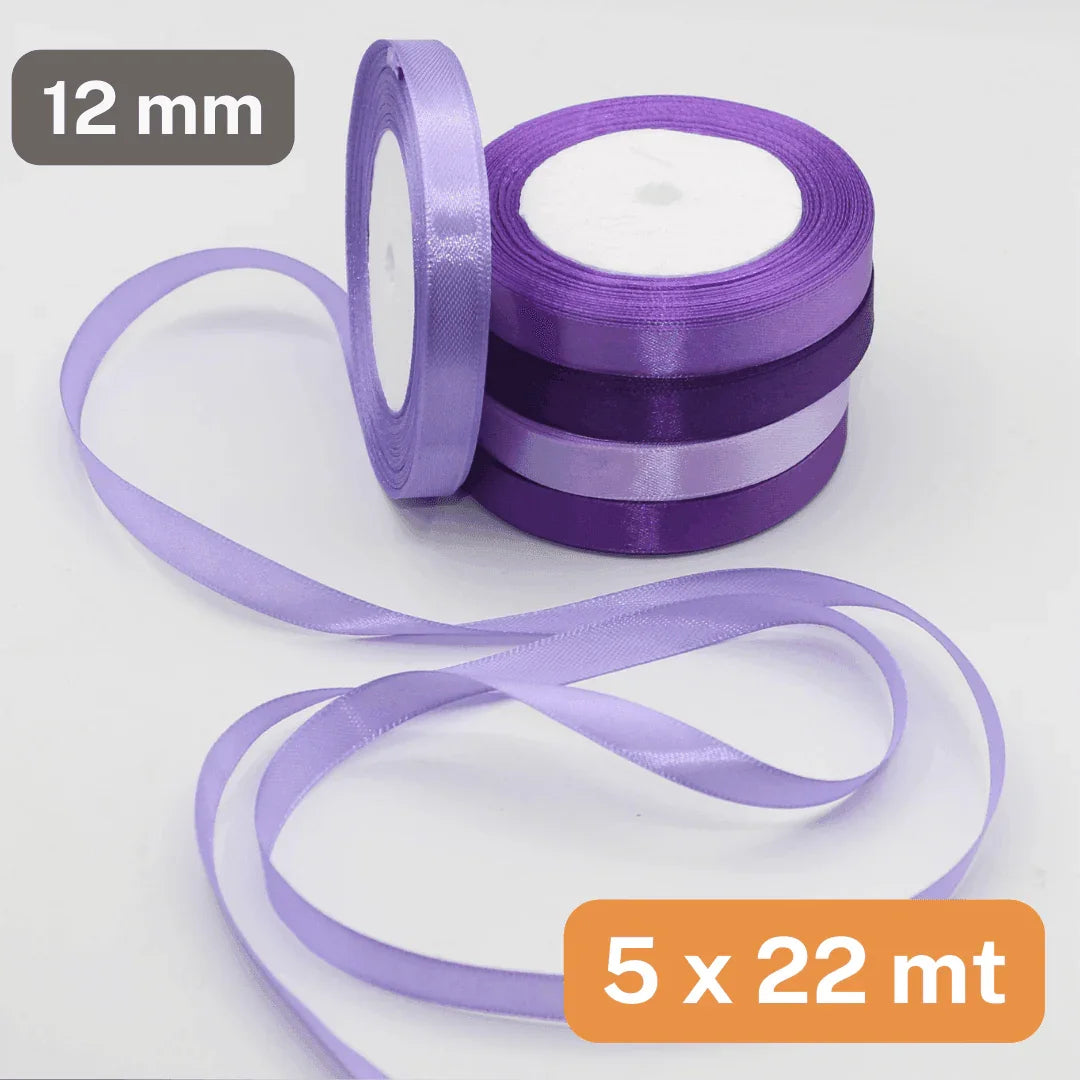 Set of 5x22 meters Single Sided Satin Tapes 6, 12, or 25mm, 5 different colours per set - ACCESSOIRES LEDUC BV