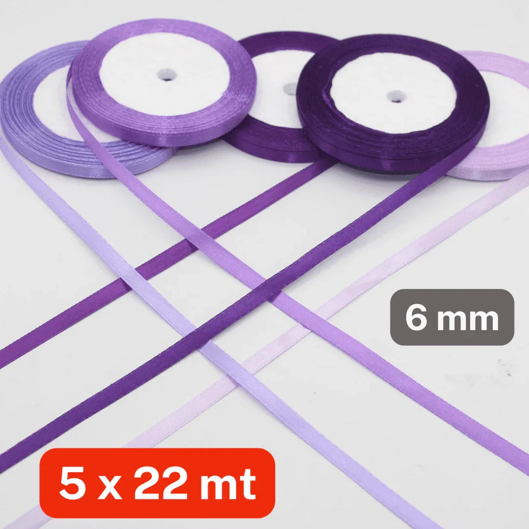 Set of 5x22 meters Single Sided Satin Tapes 6, 12, or 25mm, 5 different colours per set - ACCESSOIRES LEDUC BV
