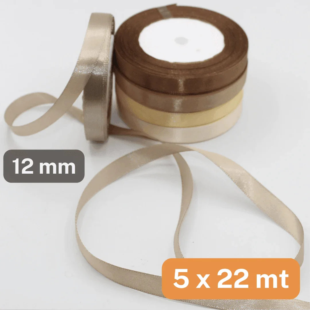 Set of 5x22 meters Single Sided Satin Tapes 6, 12, or 25mm, 5 different colours per set - ACCESSOIRES LEDUC BV