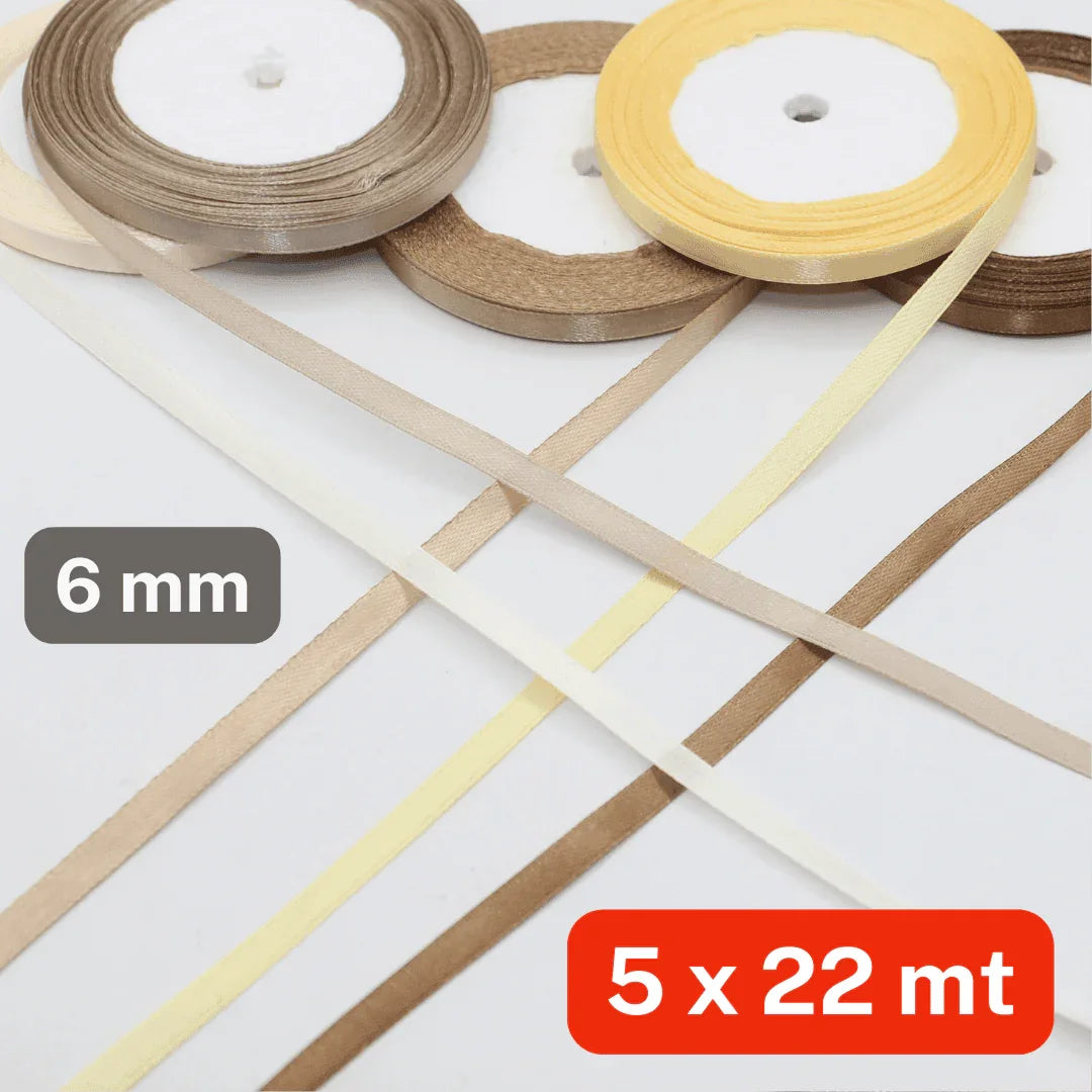 Set of 5x22 meters Single Sided Satin Tapes 6, 12, or 25mm, 5 different colours per set - ACCESSOIRES LEDUC BV