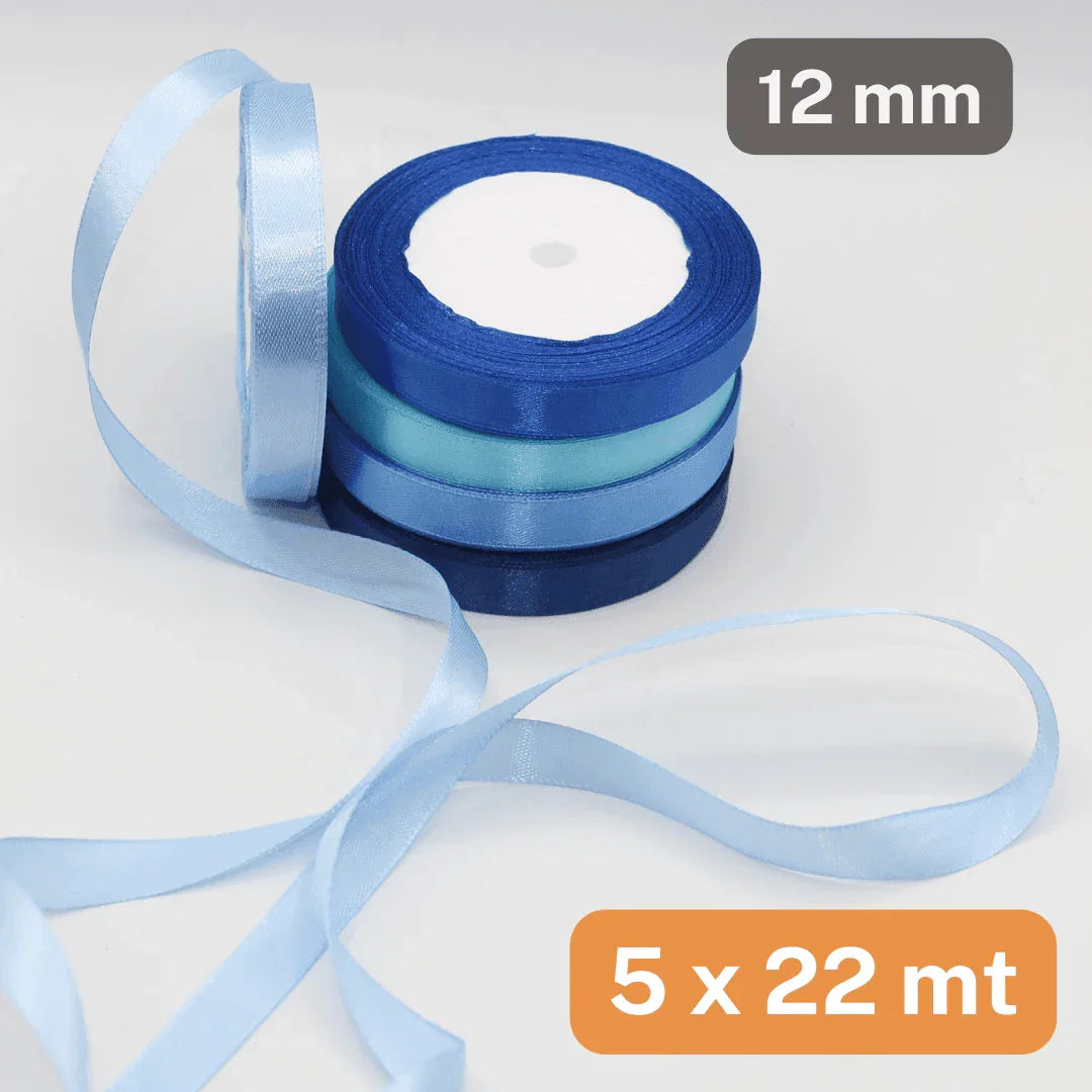 Set of 5x22 meters Single Sided Satin Tapes 6, 12, or 25mm, 5 different colours per set - ACCESSOIRES LEDUC BV