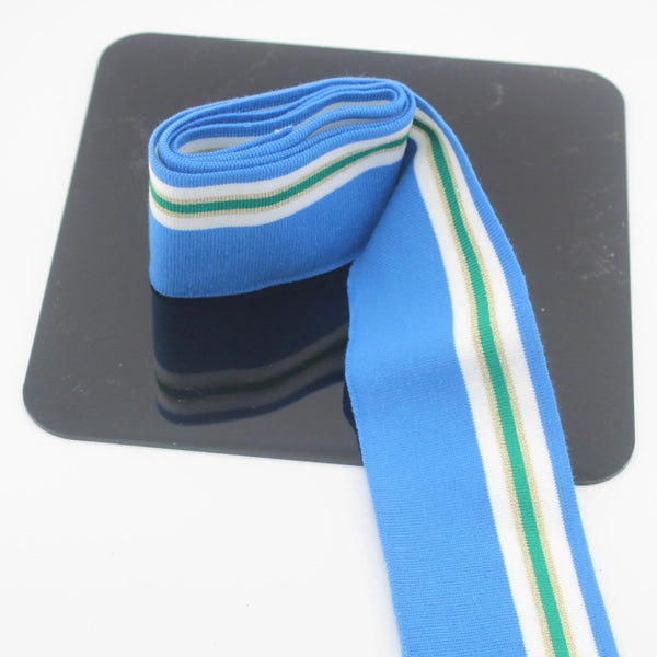 TIS1645 6cmx110cm Ribbing - Blue with White Gold Green stripes - ACCESSOIRES LEDUC BV