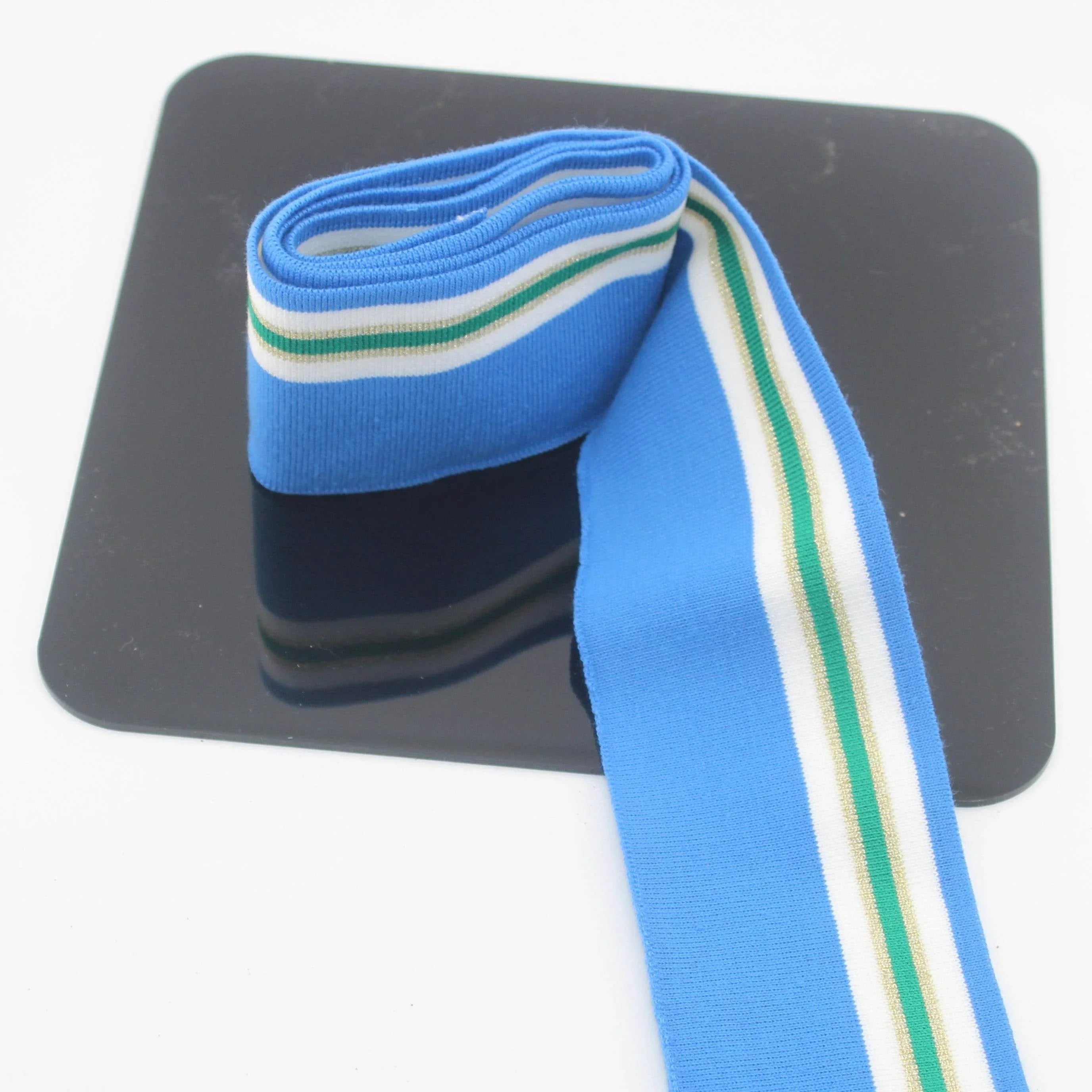 TIS1645 6cmx110cm Ribbing - Blue with White Gold Green stripes - ACCESSOIRES LEDUC BV