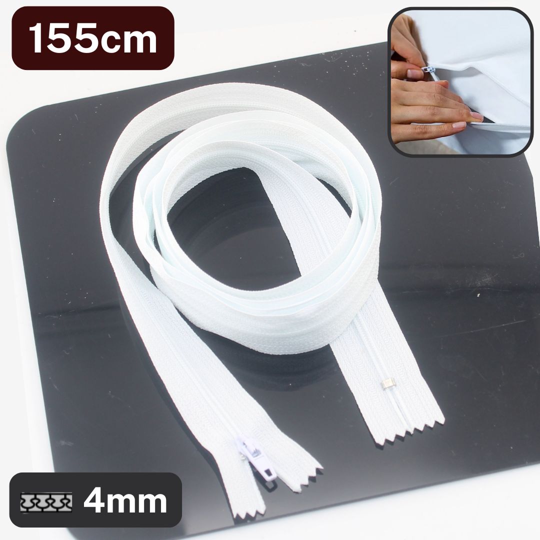 Extra-long ZIpper for Bed Linen and other use, 4mm Teeth, White, Metal or Plastic Glider, 135 or 155cm