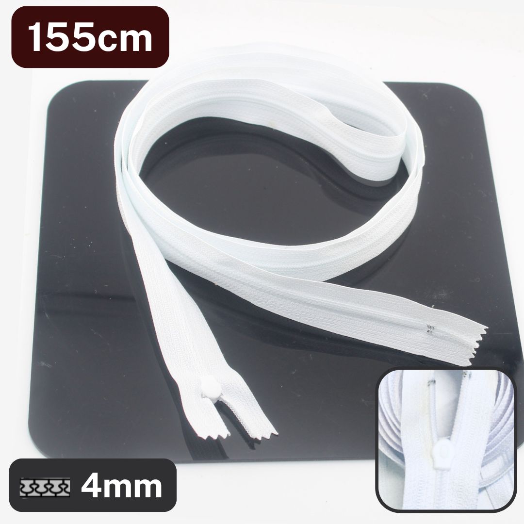 Extra-long ZIpper for Bed Linen and other use, 4mm Teeth, White, Metal or Plastic Glider, 135 or 155cm