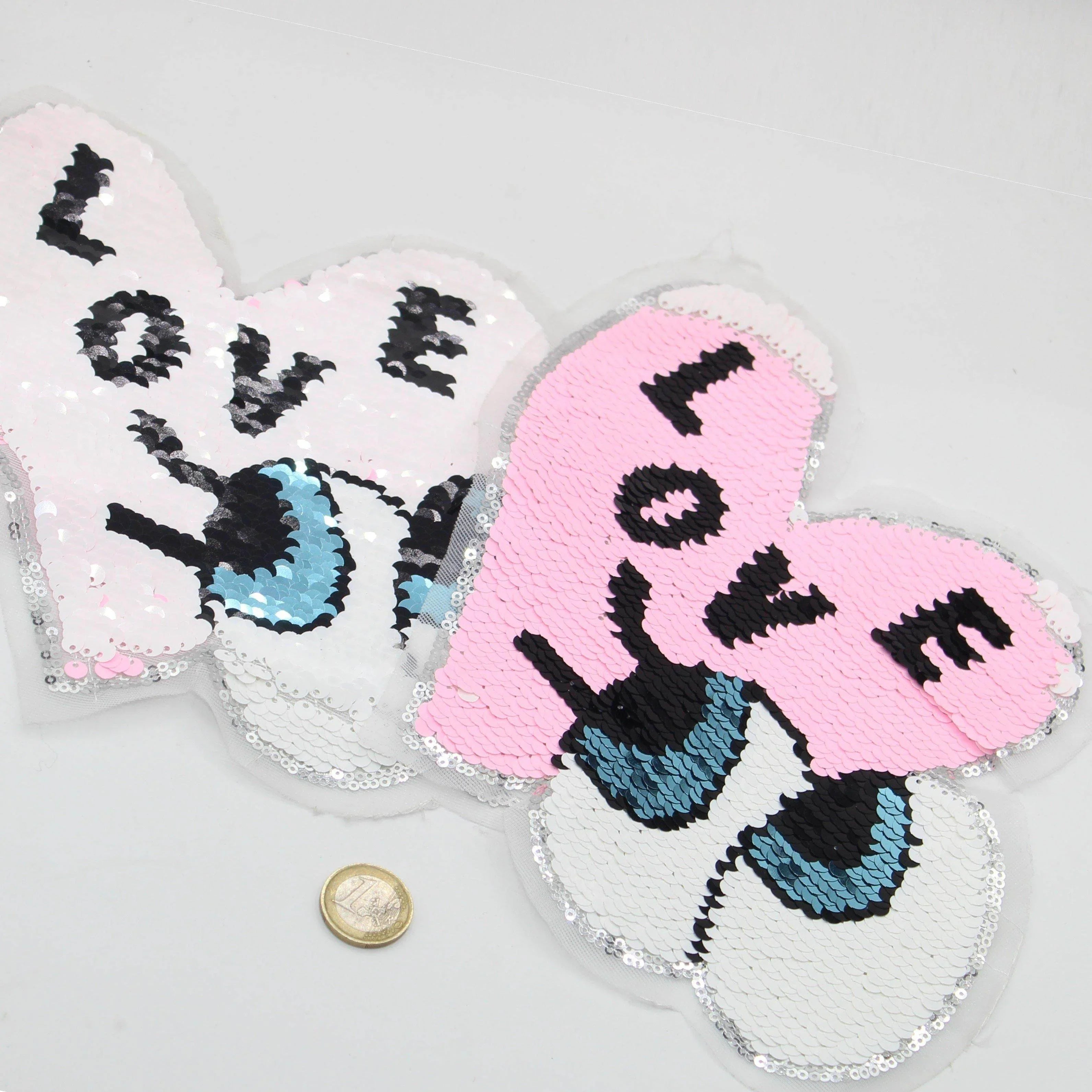 Set of 2 Magic Patches 23*21cm Sew On Reversible Hearts with LOVE Sequin - ACCESSOIRES LEDUC BV