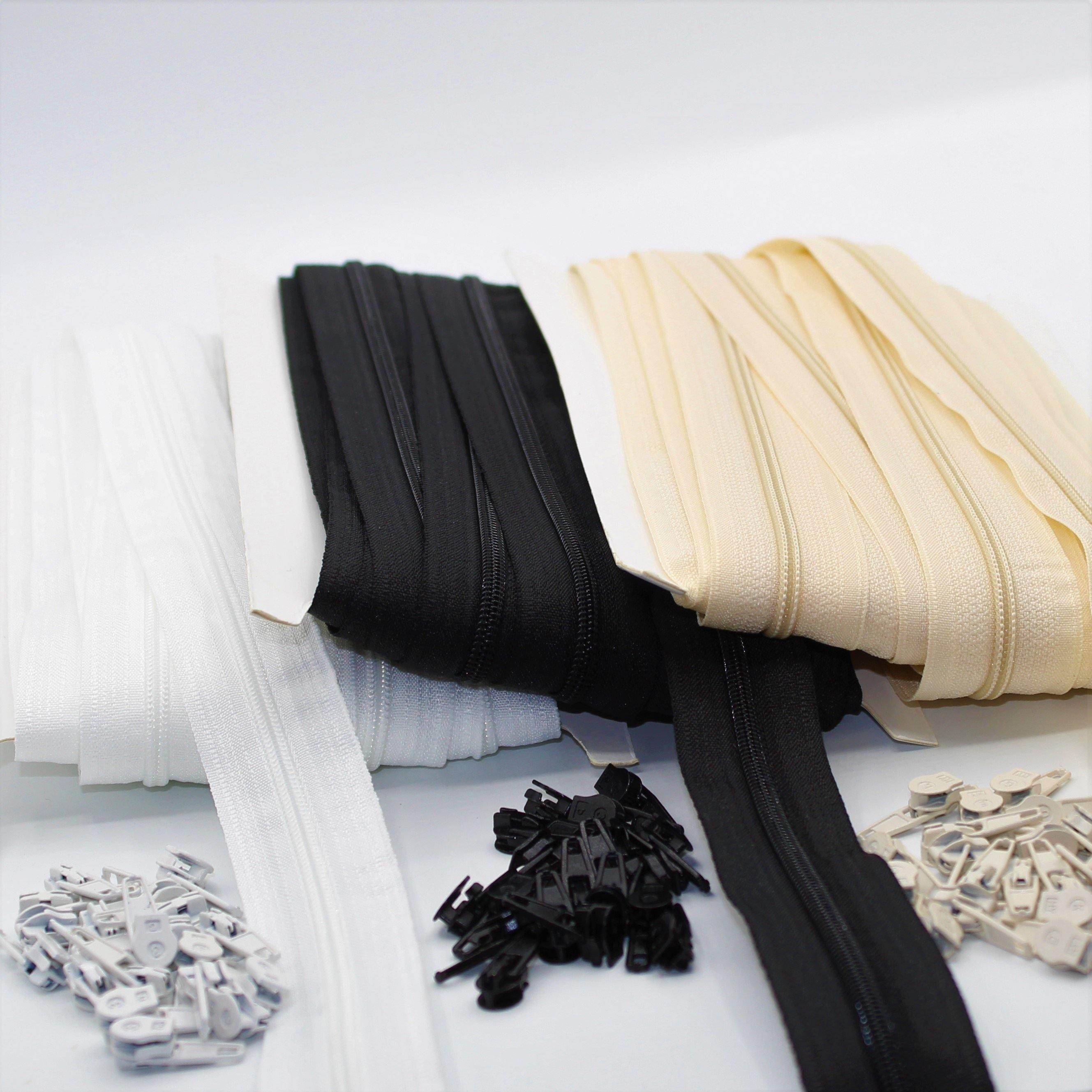 10 METERS roll Nylon Zipper (4mm or 6mm) + 20 sliders - White Black or Beige - ACCESSOIRES LEDUC BV