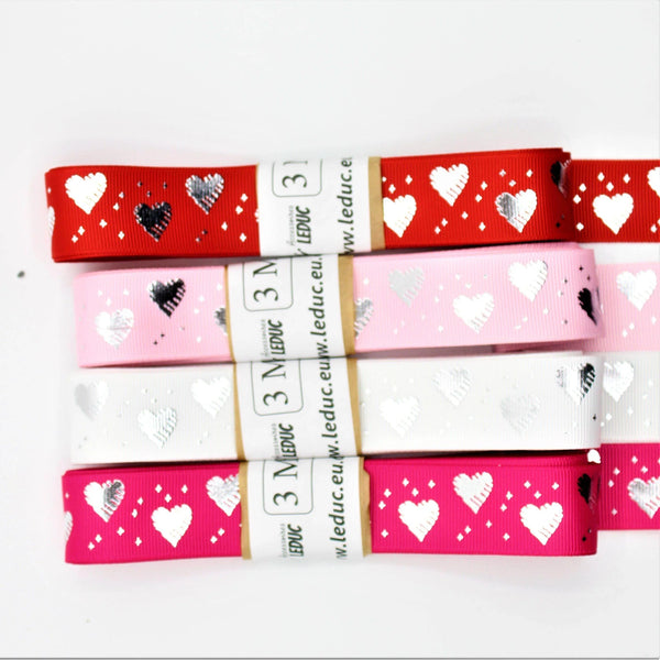 3 meters Saint Valentine's TAPE, Gros Grain tape 25mm with Silver Hearts - ACCESSOIRES LEDUC BV