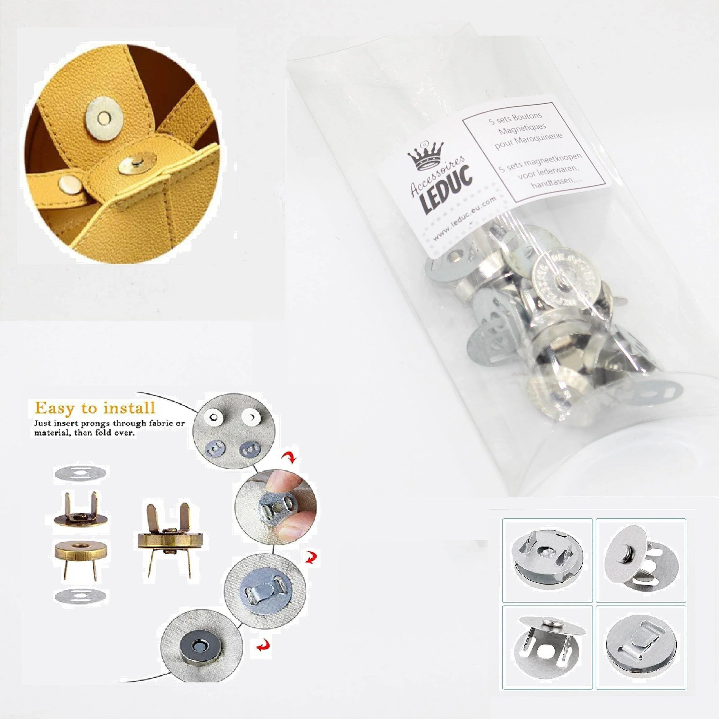 5 Visible Magnetic Buttons Sets Gold or Silver 18mm - ACCESSOIRES LEDUC BV