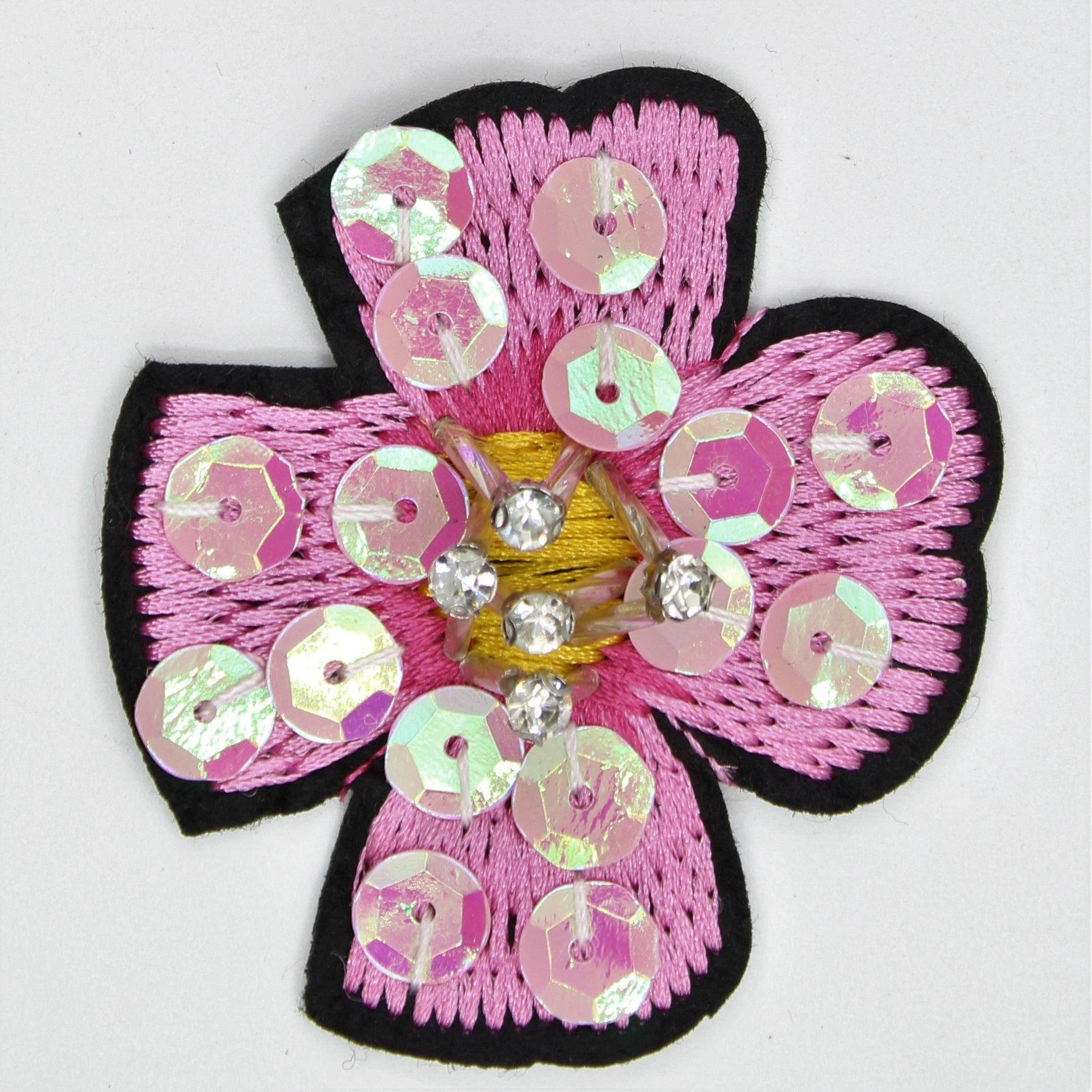 6 cm-Blue or Pink Floral Patches Iron-on With Strass and Glitter Sequins - ACCESSOIRES LEDUC BV