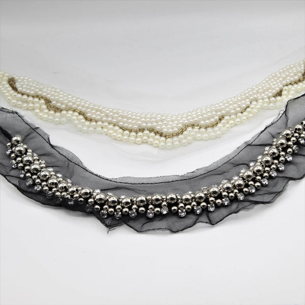 Black and white Collar Necklace with Strass Pearly 40x7 cm - ACCESSOIRES LEDUC BV