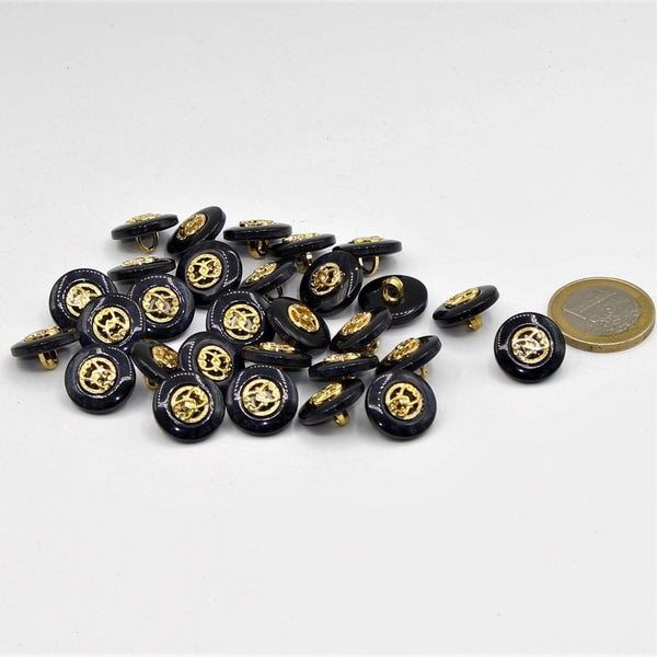 Dark Blue Button with Gold Pattern 15 and 18mm - ACCESSOIRES LEDUC BV