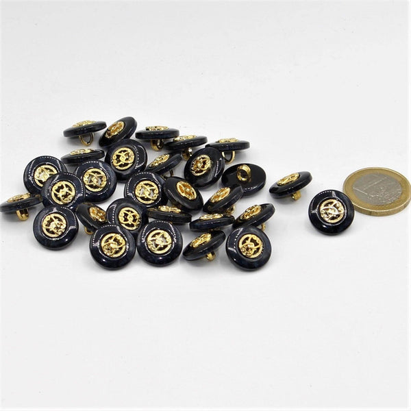 Dark Blue Button with Gold Pattern 15 and 18mm - ACCESSOIRES LEDUC BV