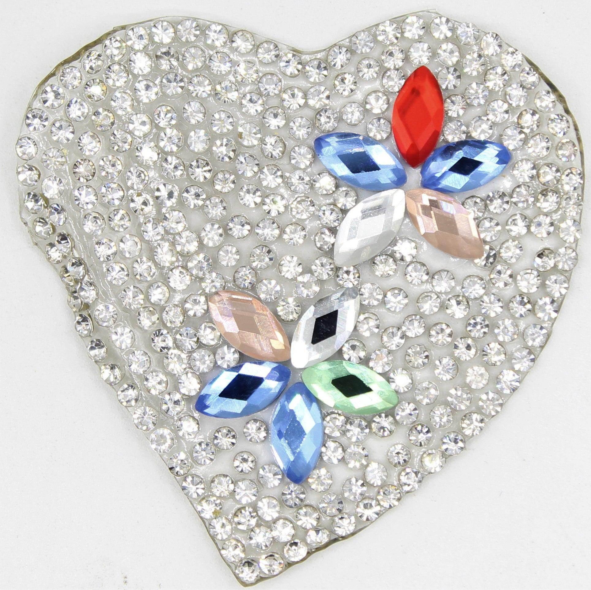 Set of 2 Heart Iron-on Patch with Silver Strass and Colored Diamond 6cm - ACCESSOIRES LEDUC BV