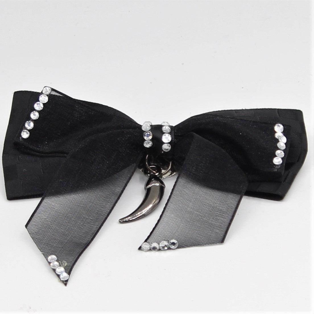 Black Bow Tie, Silver Horn with Strass and Pin 9x4cm - ACCESSOIRES LEDUC BV