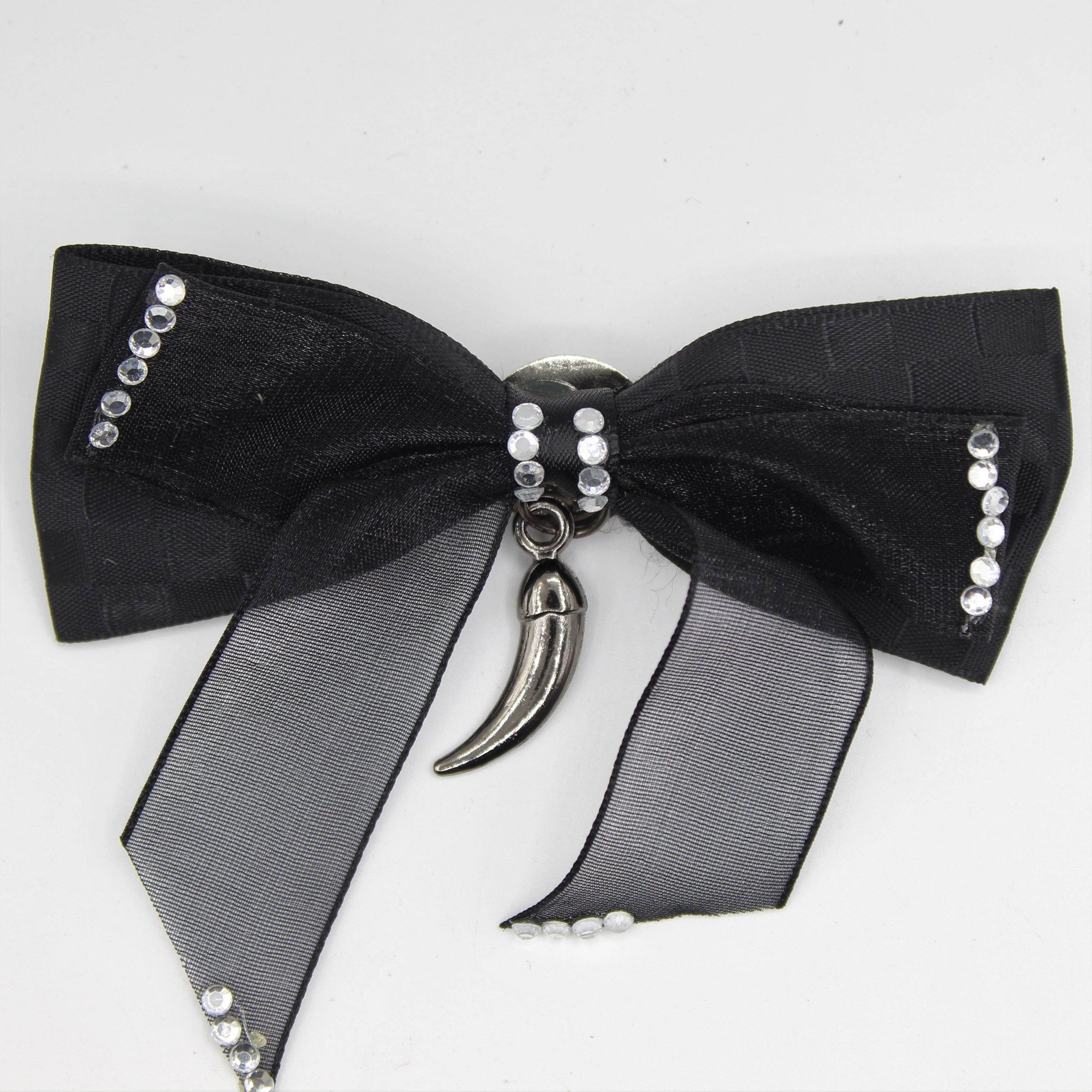 Black Bow Tie, Silver Horn with Strass and Pin 9x4cm - ACCESSOIRES LEDUC BV