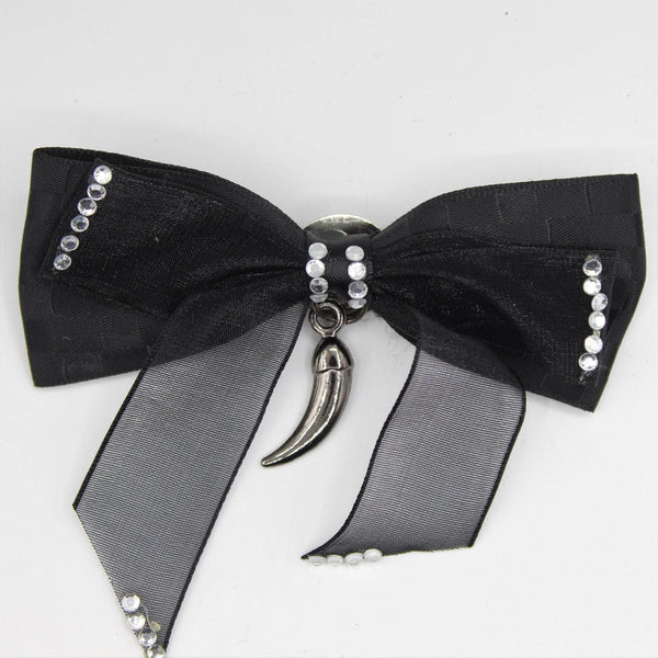 Black Bow Tie, Silver Horn with Strass and Pin 9x4cm - ACCESSOIRES LEDUC BV