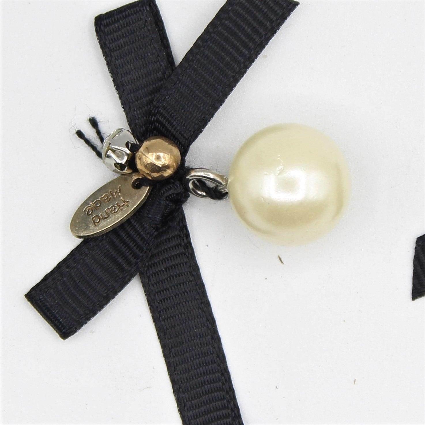 2x Black Bow Tie with Pearl and Strass, Handmade 40x20mm - ACCESSOIRES LEDUC BV