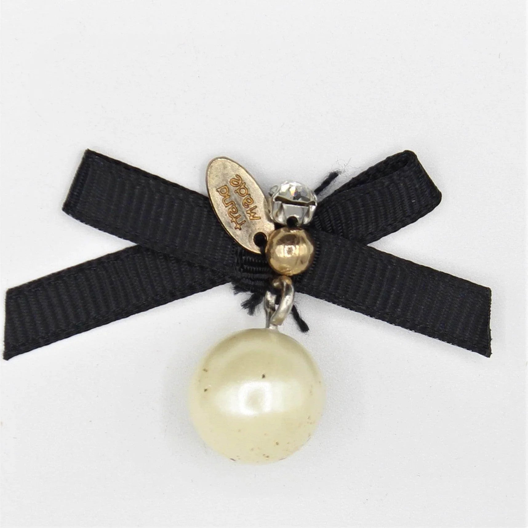 2x Black Bow Tie with Pearl and Strass, Handmade 40x20mm - ACCESSOIRES LEDUC BV