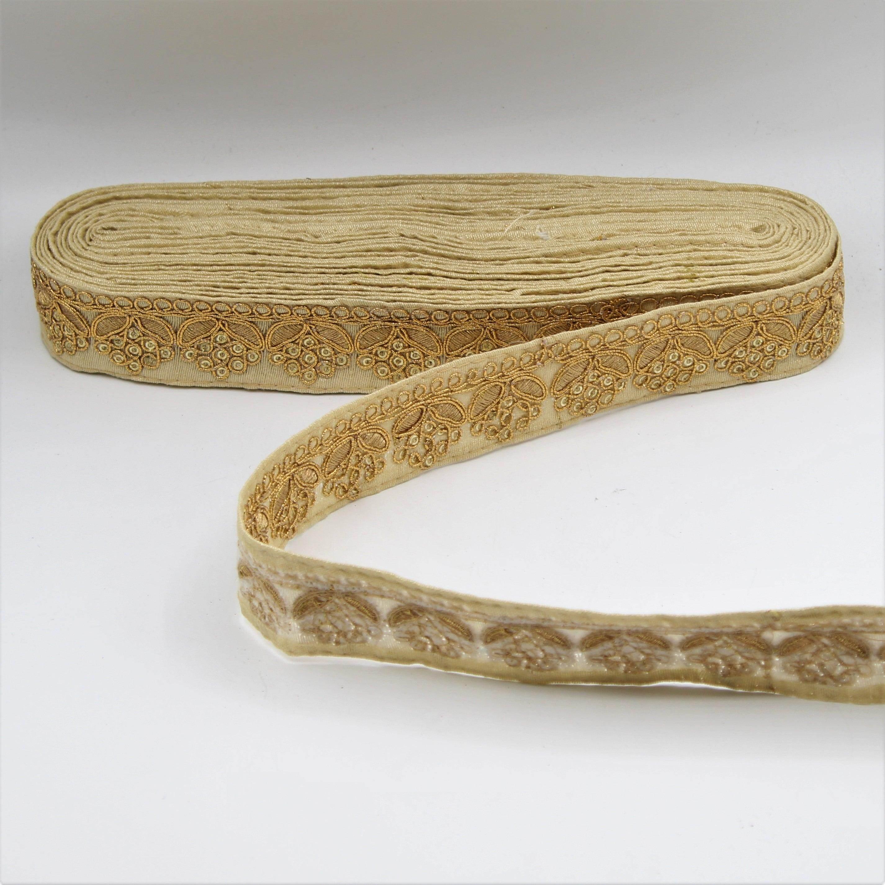 5 Meter Beige Cotton Ribbon with Gold Patterns 30mm - ACCESSOIRES LEDUC BV