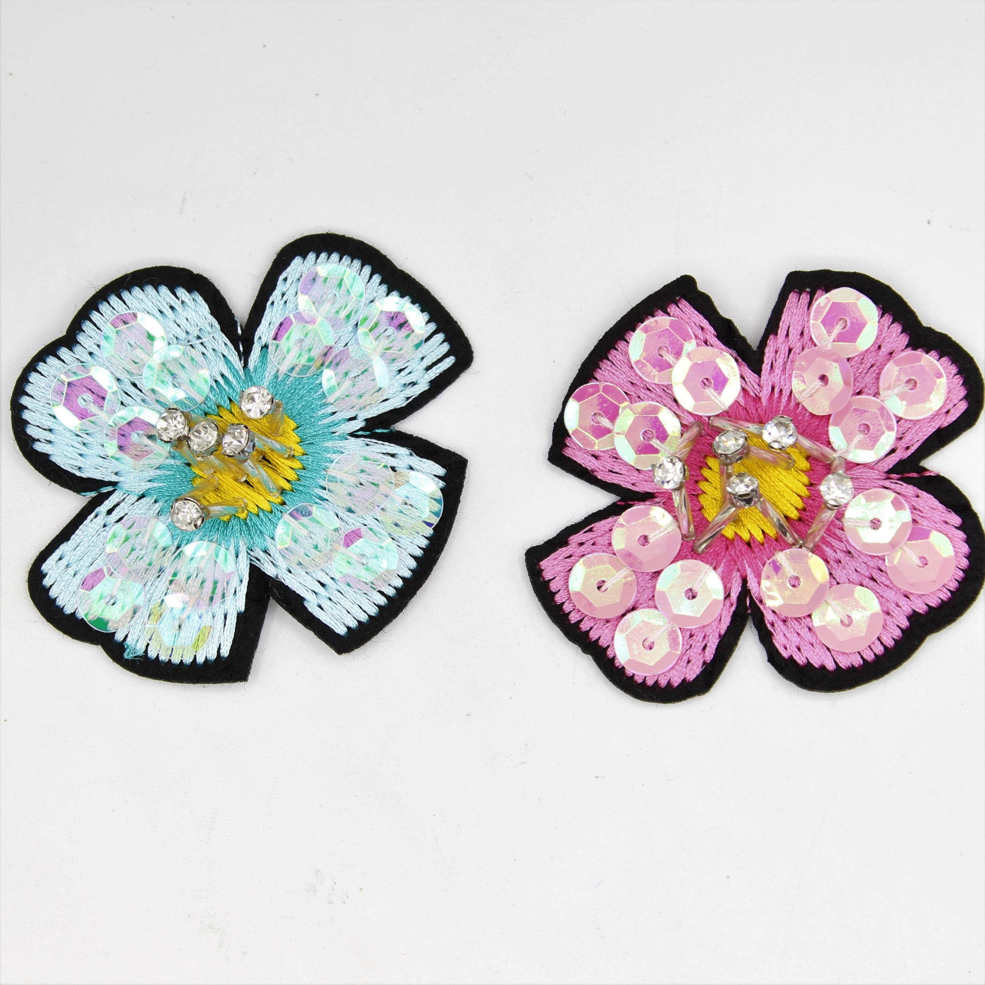 6 cm-Blue or Pink Floral Patches Iron-on With Strass and Glitter Sequins - ACCESSOIRES LEDUC BV