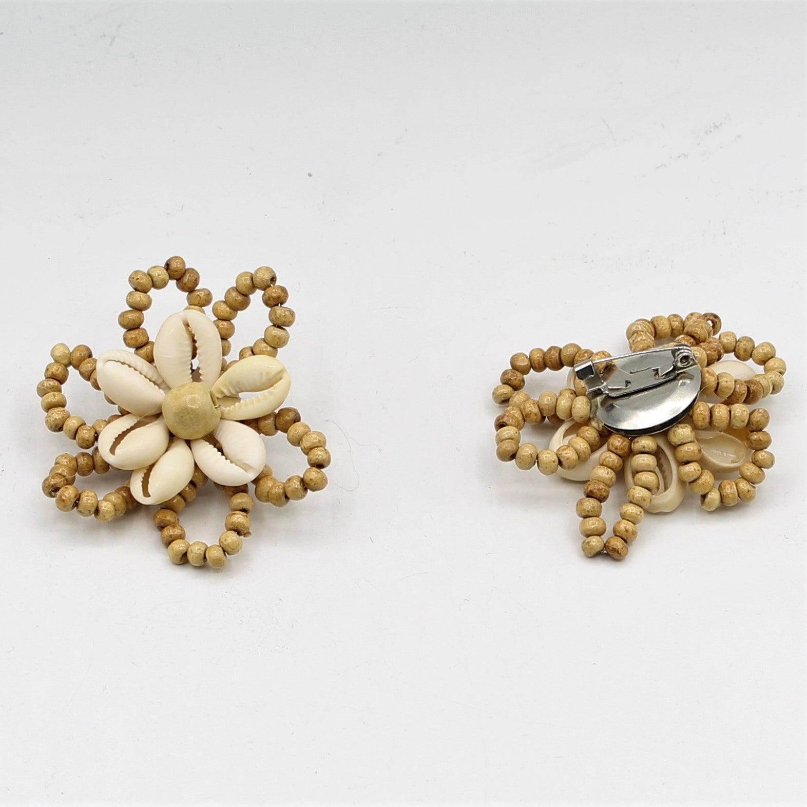 Brown Handmade Floral Brooch with Wooden Beads, Natural White Shells and Pin 6cm #BRO26 - ACCESSOIRES LEDUC BV