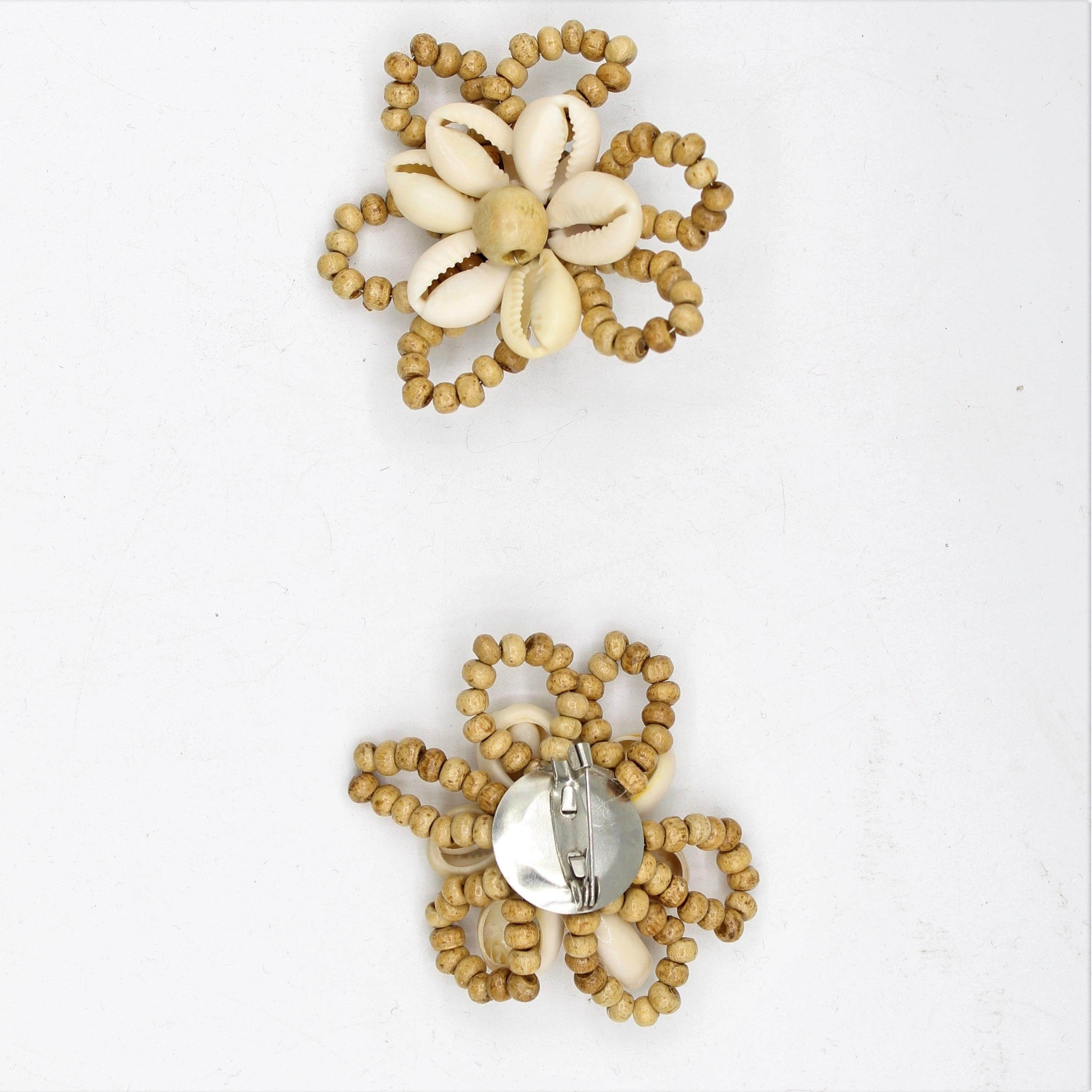 Brown Handmade Floral Brooch with Wooden Beads, Natural White Shells and Pin 6cm #BRO26 - ACCESSOIRES LEDUC BV