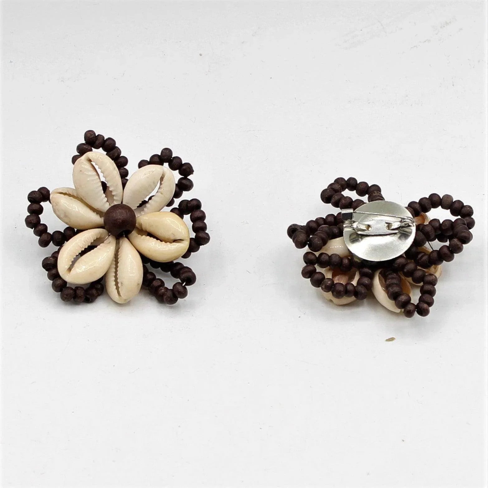 Brown Handmade Floral Brooch with Wooden Beads, Natural White Shells and Pin 6cm #BRO26 - ACCESSOIRES LEDUC BV