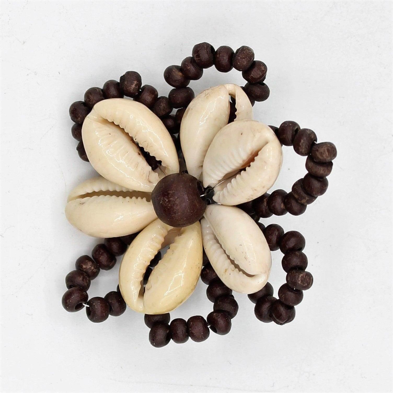 Brown Handmade Floral Brooch with Wooden Beads, Natural White Shells and Pin 6cm #BRO26 - ACCESSOIRES LEDUC BV