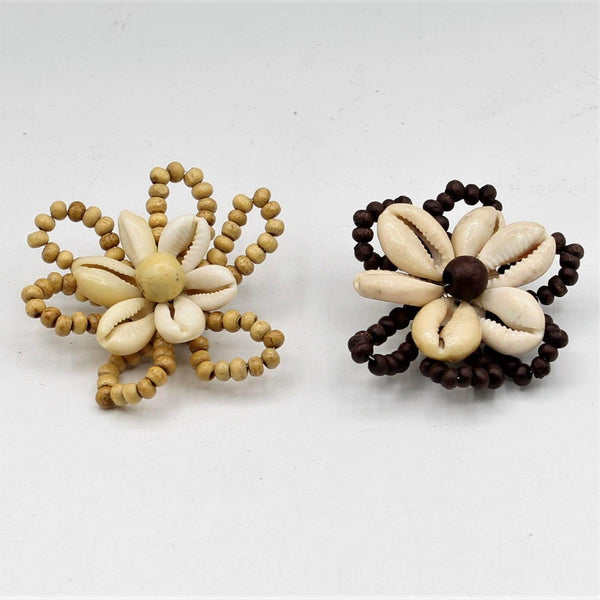 Brown Handmade Floral Brooch with Wooden Beads, Natural White Shells and Pin 6cm #BRO26 - ACCESSOIRES LEDUC BV