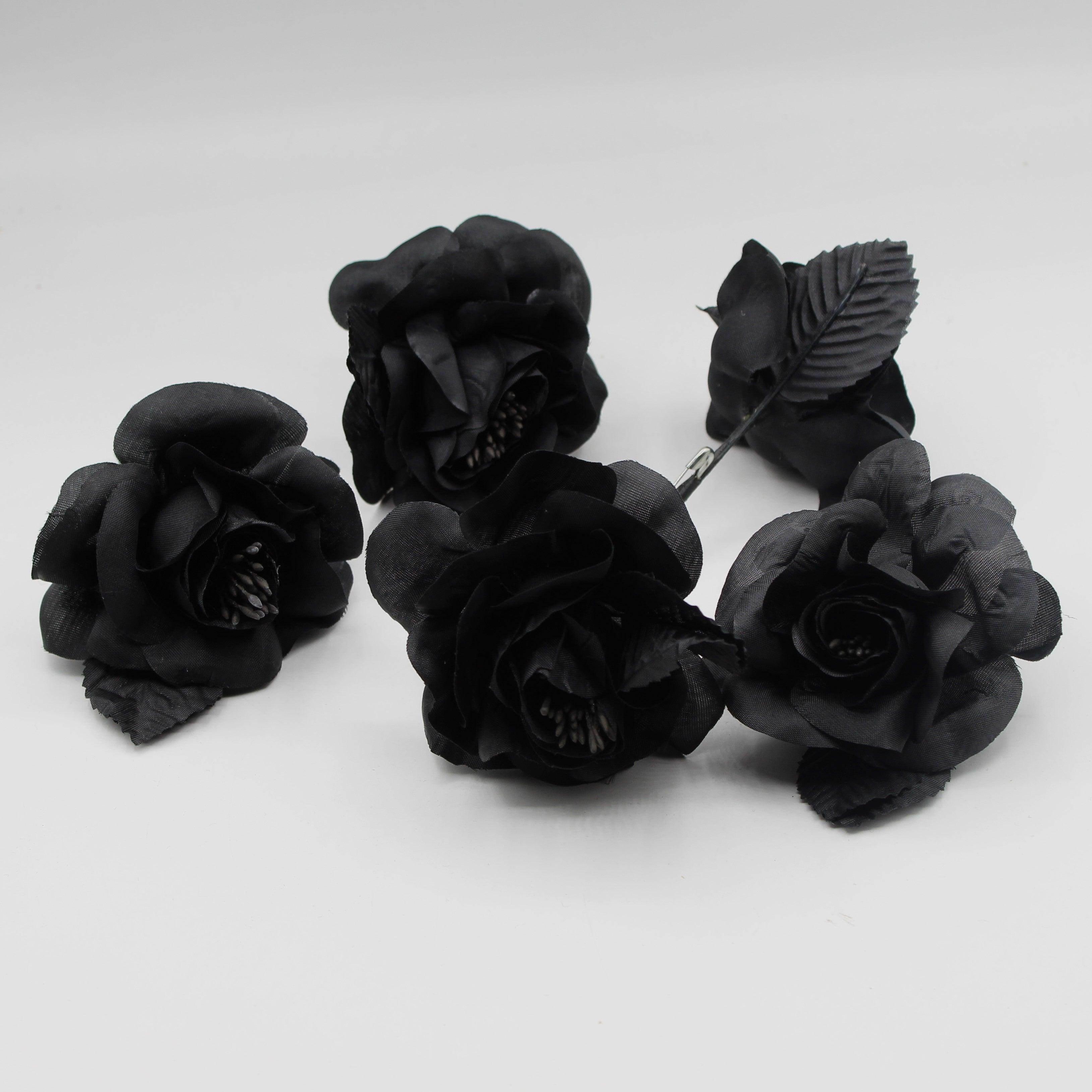 5 Plastic BROCHES/CORSAGE/FLOWERS, Length 7CM With Safety Pin, High Quality, Color BLACK - ACCESSOIRES LEDUC BV