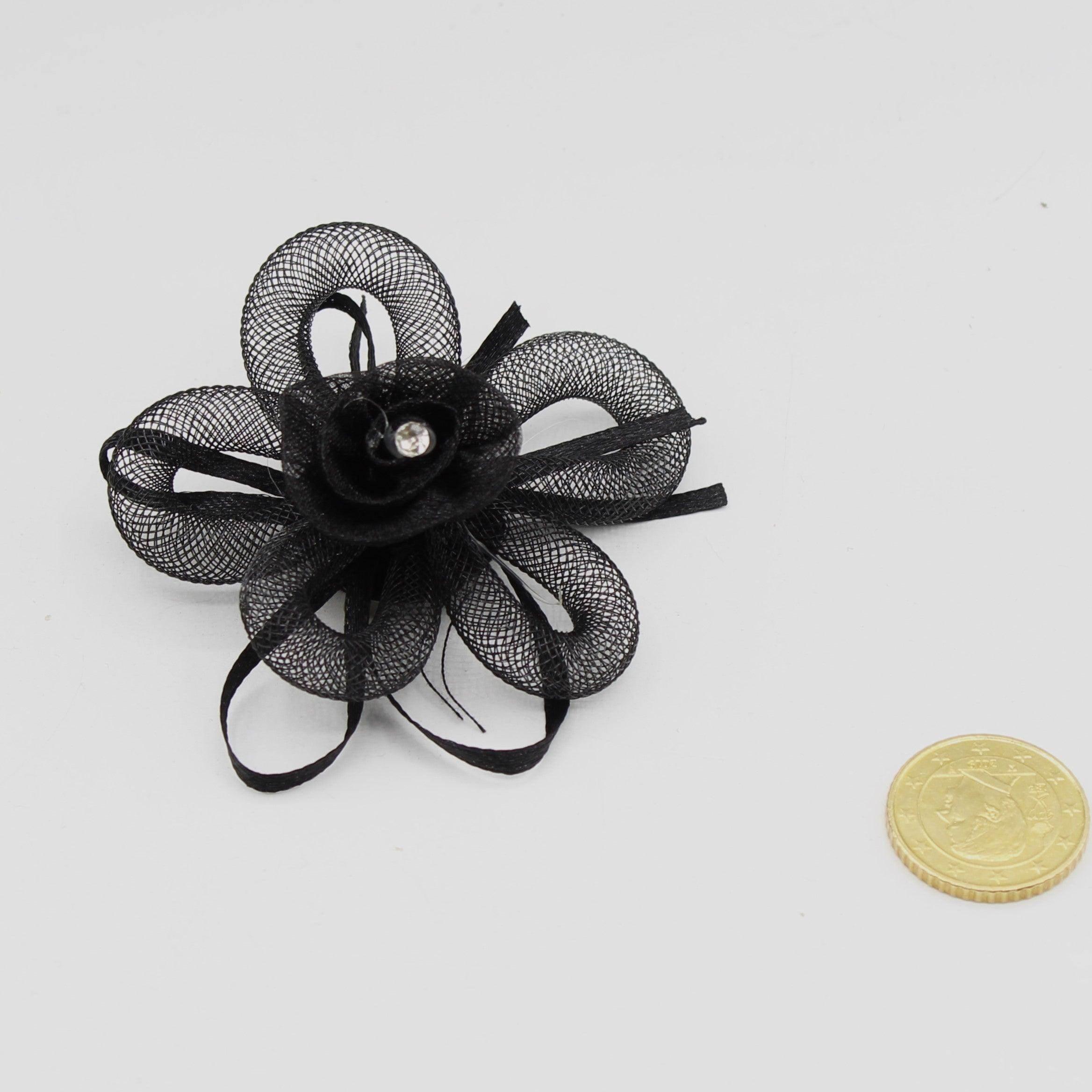Black Polyester FLOWER BROOCH with Strass and Pin 7cm - ACCESSOIRES LEDUC BV