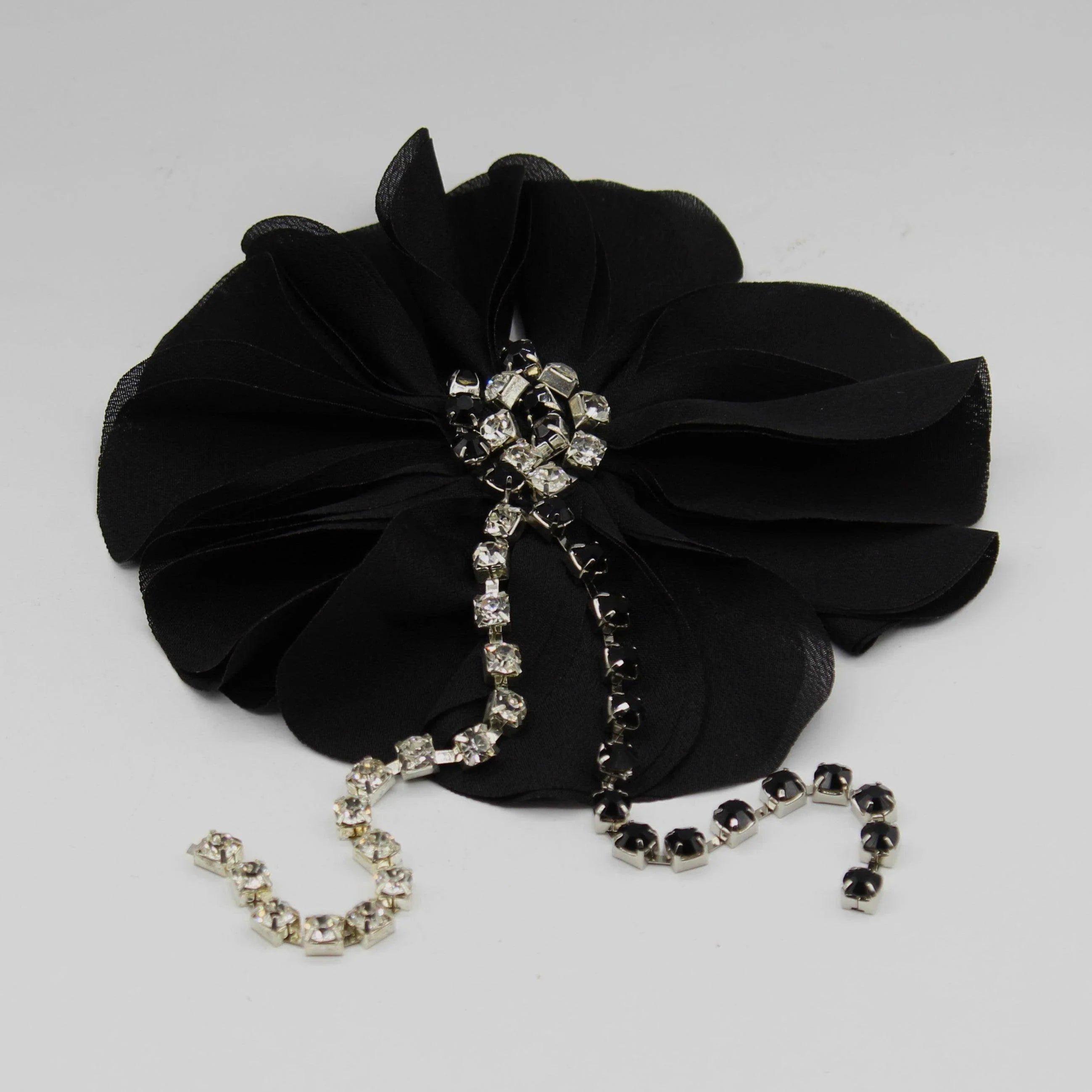 Large Fabric Flower Brooch with Strass chain, Large Flower for ceremony, Hanging accessory, BLACK color #BRO1002 - ACCESSOIRES LEDUC BV