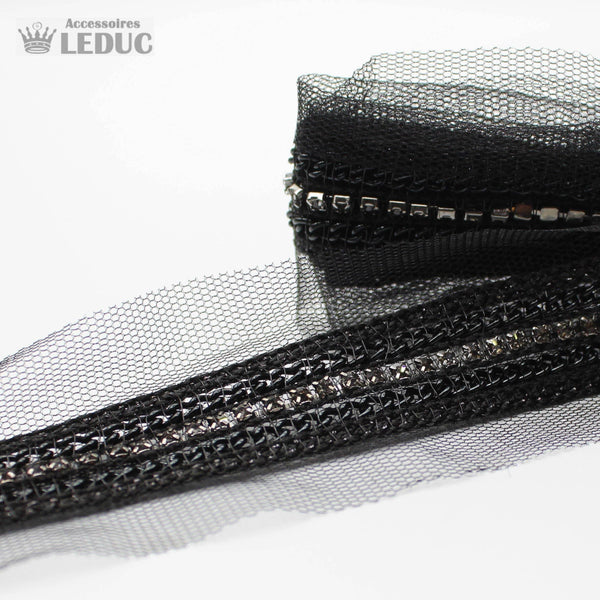 1 meter PAS1581 - 47MM Black Mesh with Chains & Strass - ACCESSOIRES LEDUC BV