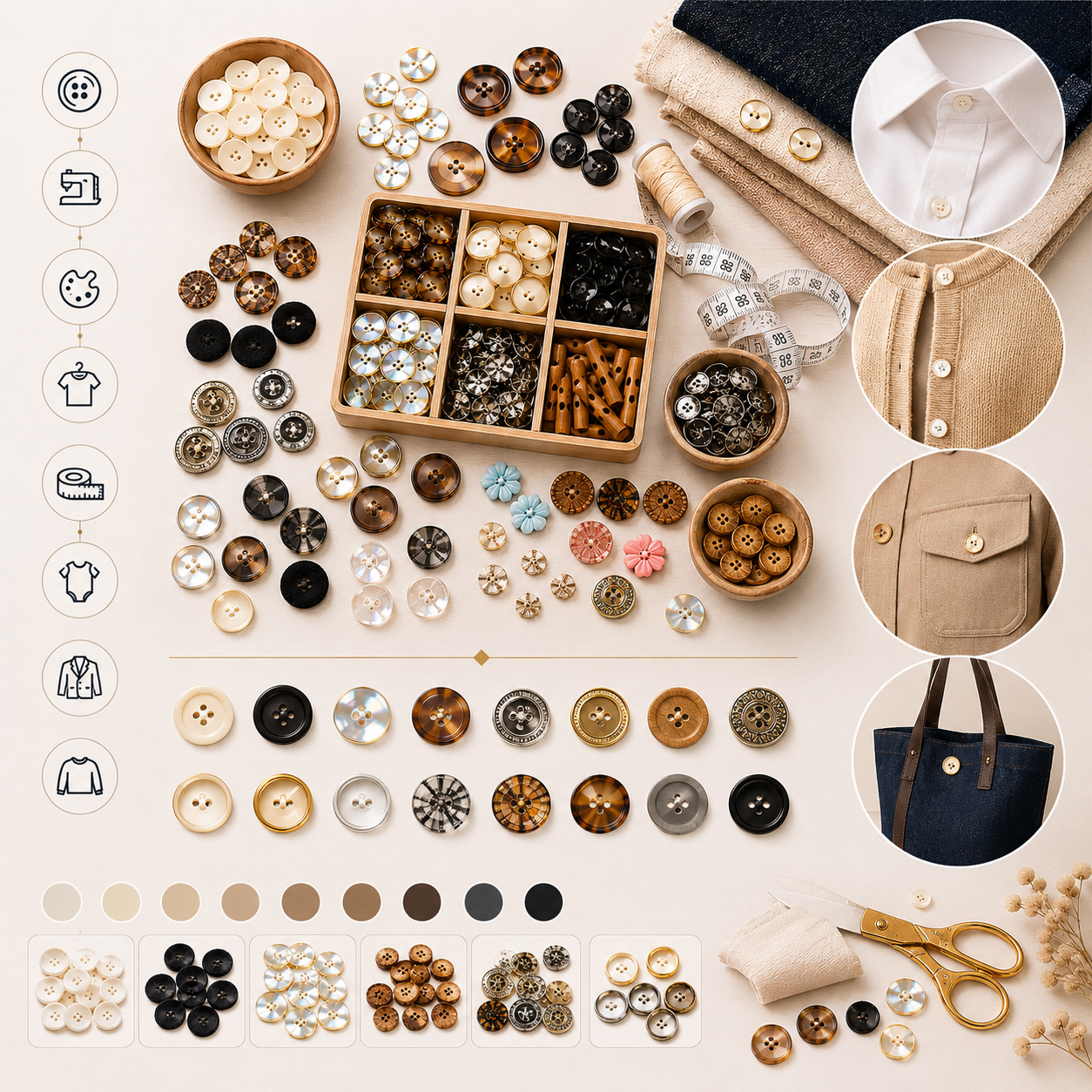 Illustration de boutons de couture noirs et blancs sur fond blanc, accessoires mercerie.